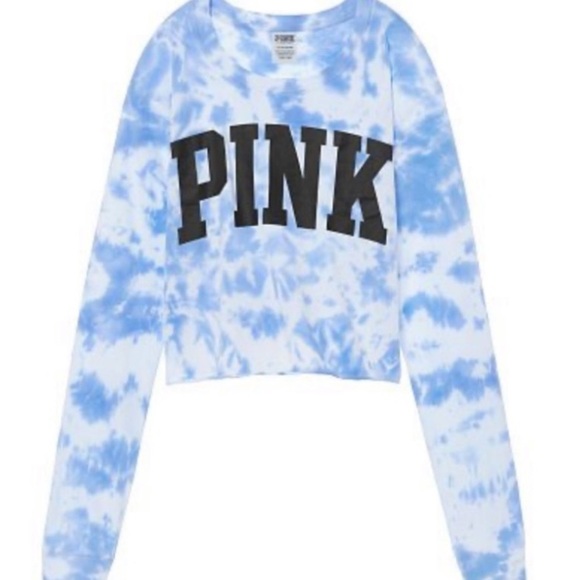 Pink Victoria’s Secret blue white tie dye cropped long sleeve crop top shirt M - Picture 1 of 16